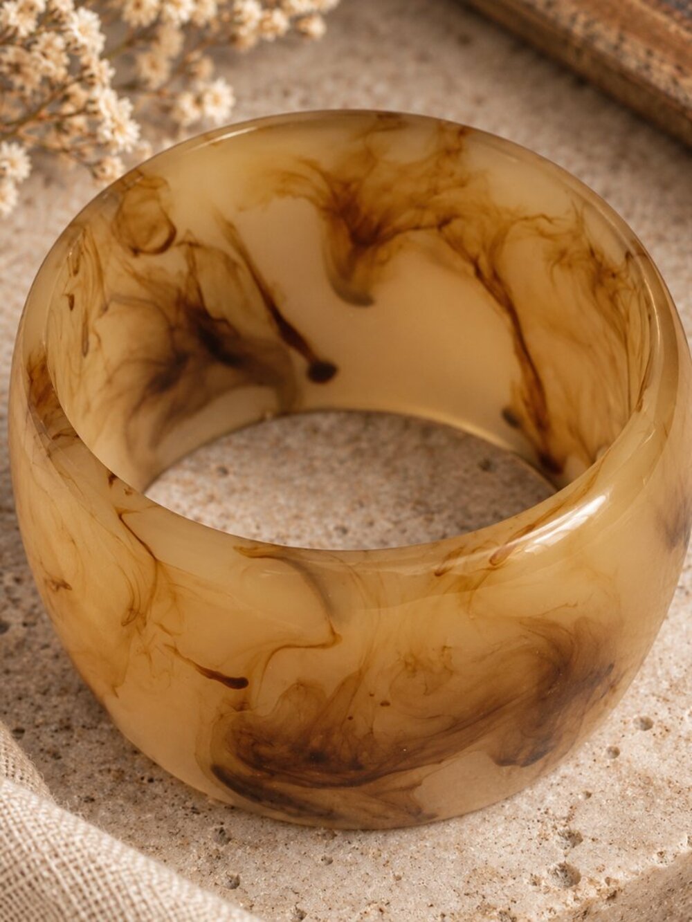 Vintage Wide Marbled Resin Bangle Bracelet | Faux Tortoiseshell Acrylic Cuff